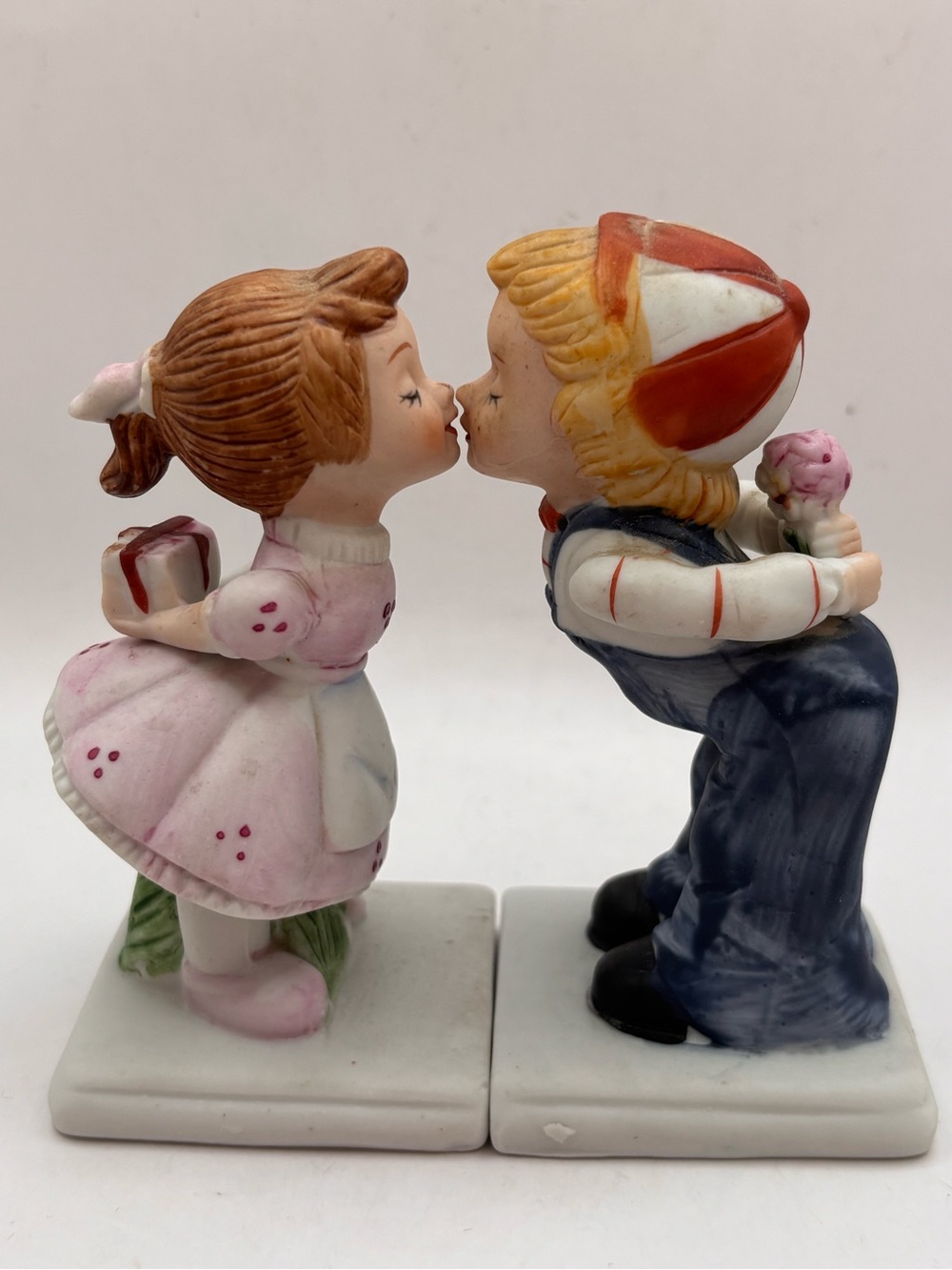 Hand-Painted Ceramic Kissing Boy and Girl Figurine Pair - Pink & Blue